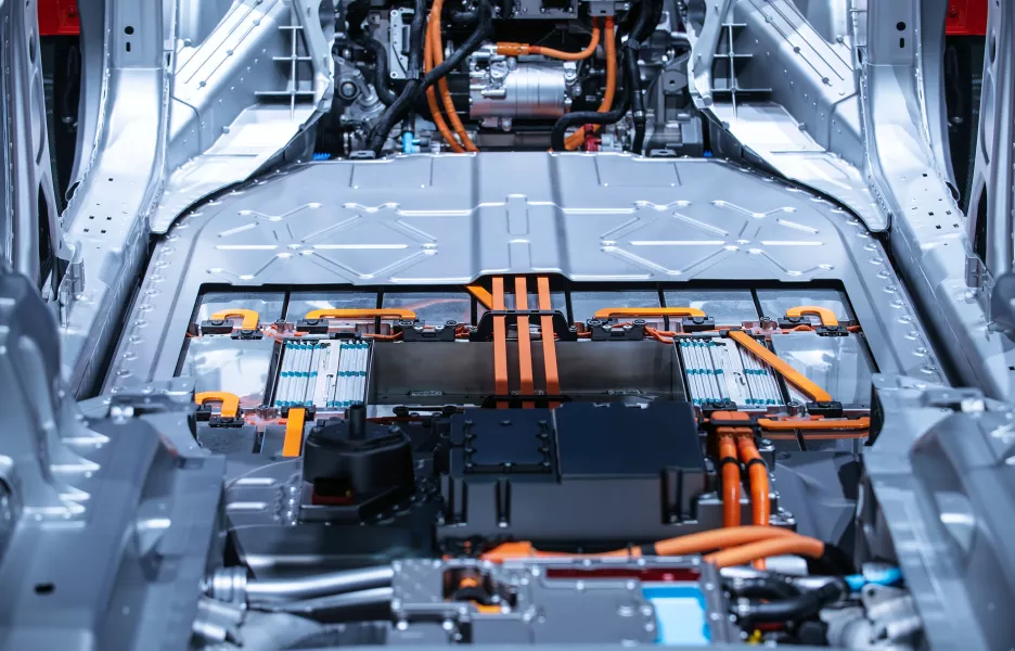 Batterie lithium ion dans un véhicule électrique Tesla. 